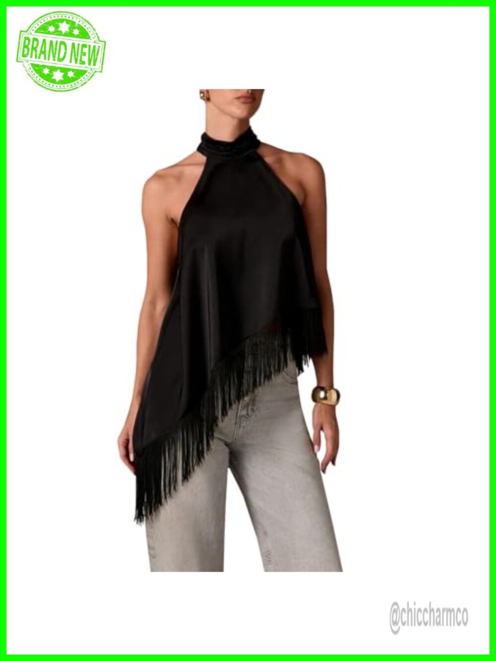 Fringe Satin Tank Top Y2K Mock Neck Halter Crop Sleeveless Tassel Trim